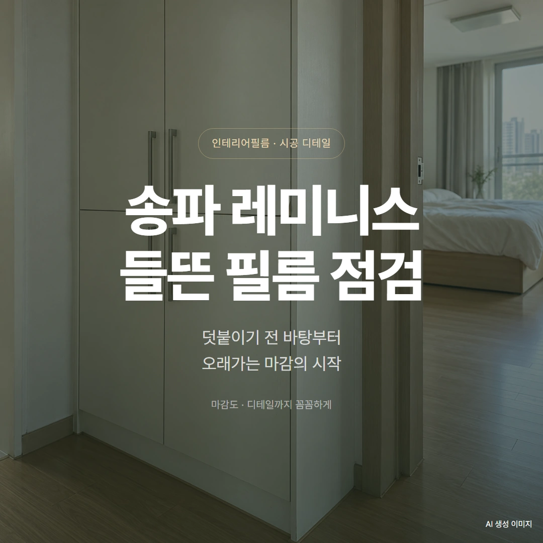 송파구 송파 레미니스 인테리어필름 시공, 들뜬 부분이 있다면 덧붙이기 전 확인할 것