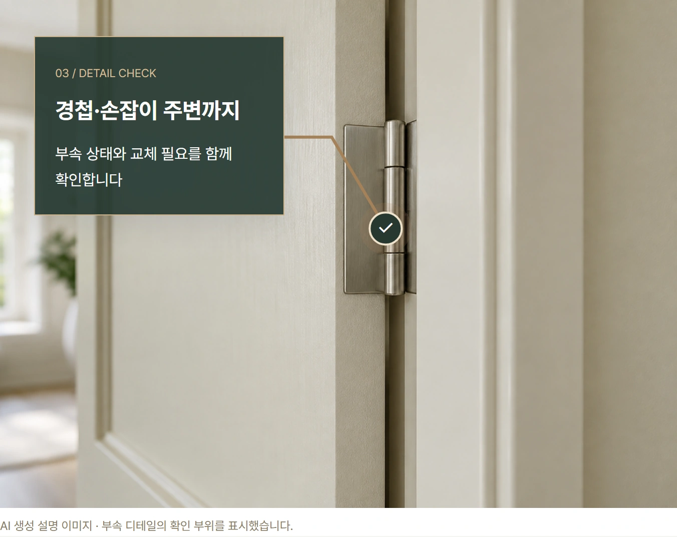 ✓ 03 / DETAIL CHECK 경첩·손잡이 주변까지 부속 상태와 교체 필요를 함께 확인합니다 AI 생성 설명 이미지 · 부속 디테일의 확인 부위를 표시했습니다.