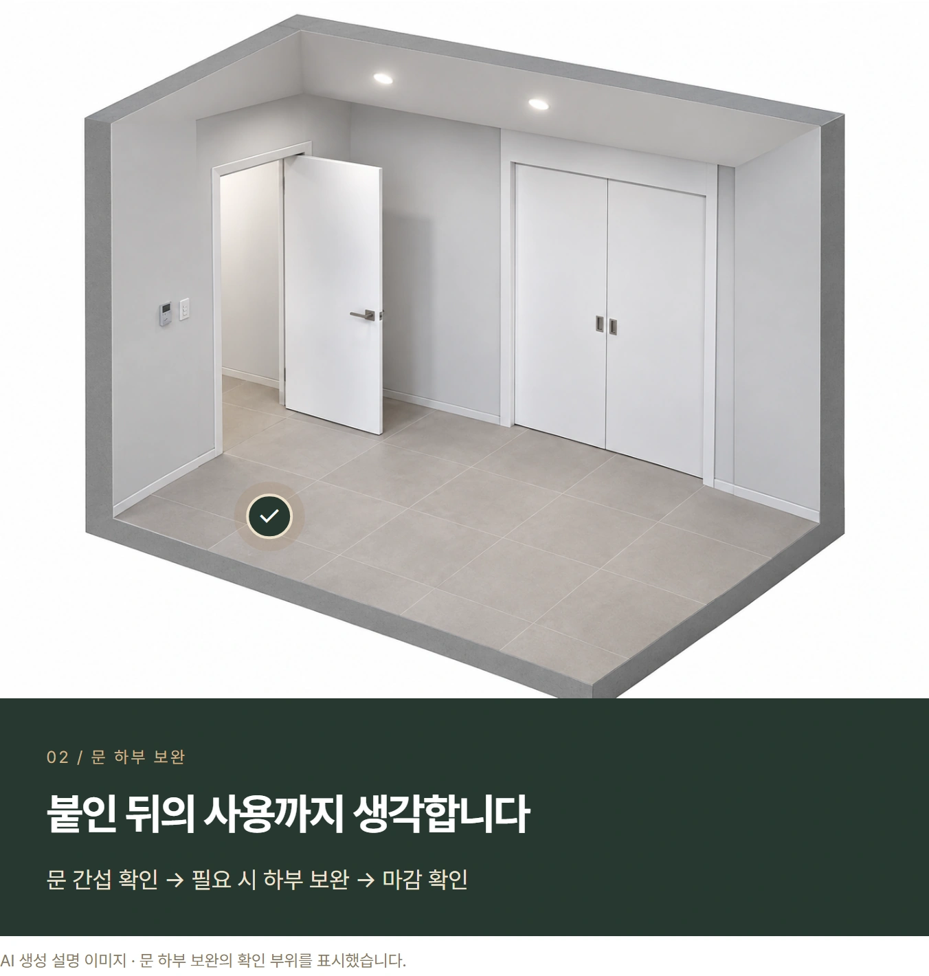✓ 02 / 문 하부 보완 붙인 뒤의 사용까지 생각합니다 문 간섭 확인 → 필요 시 하부 보완 → 마감 확인 AI 생성 설명 이미지 · 문 하부 보완의 확인 부위를 표시했습니다.